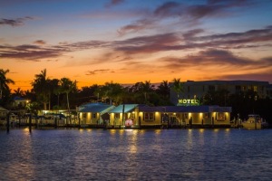 Harborside Motel view from the water at sunset